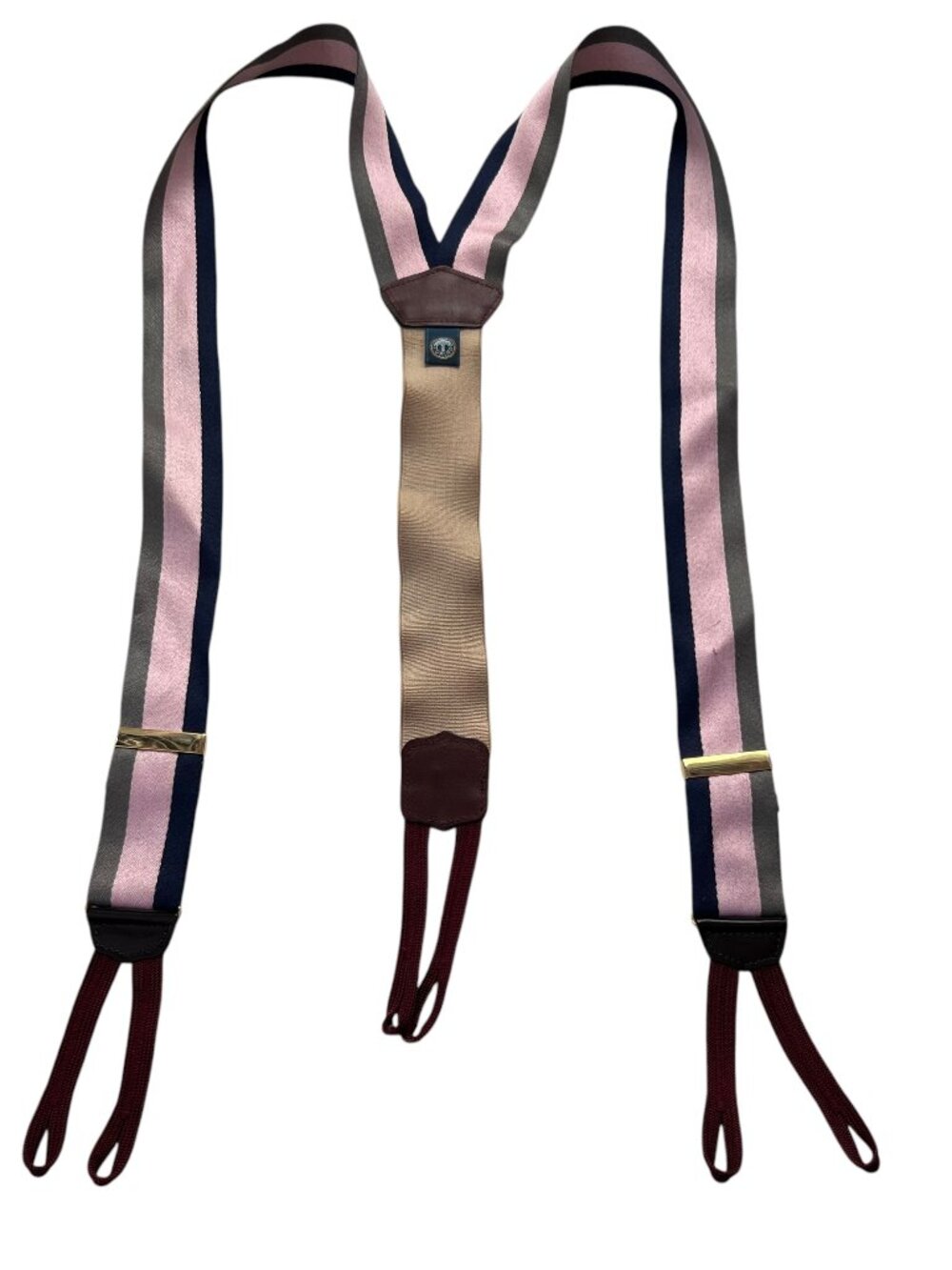 Torino suspenders gray pink navy blue stripes brown leather